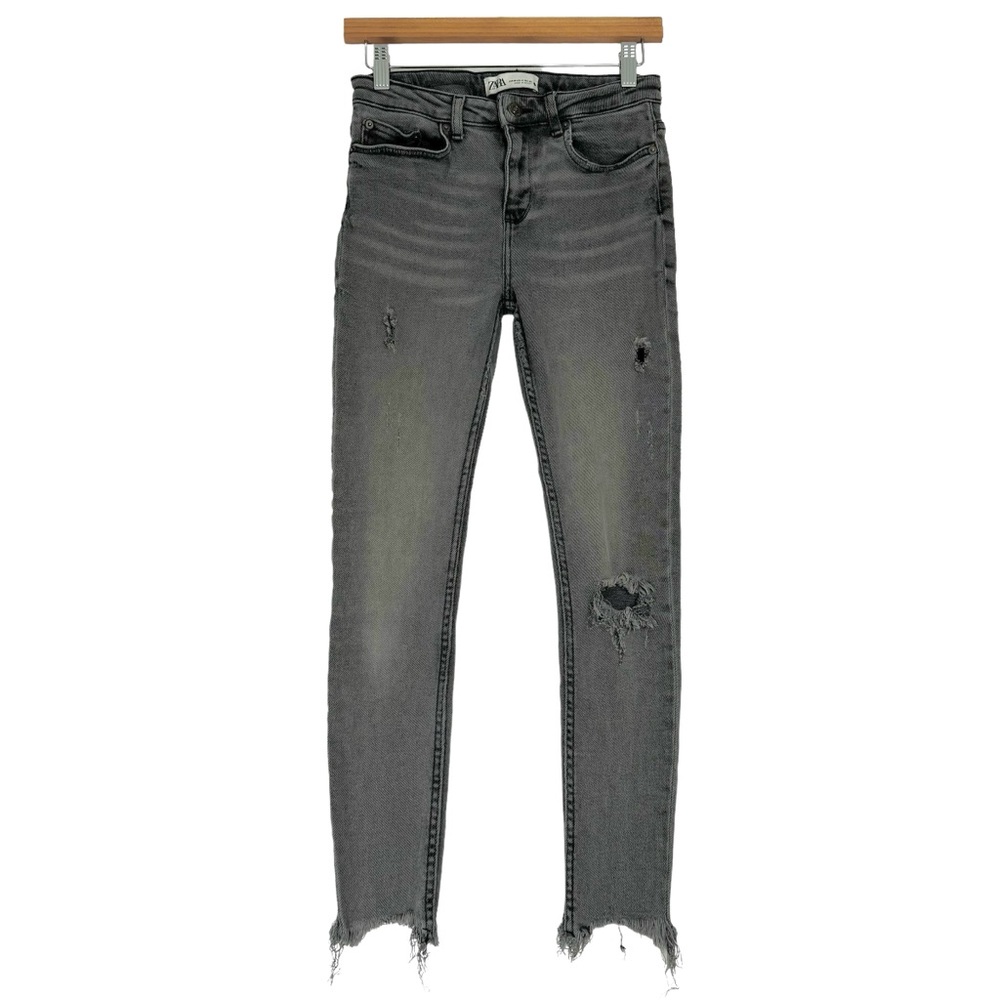 Zara Mid Rise Ankle Skinny Stretch Jeans Distressed Ripped Frayed Hem Gray 4
